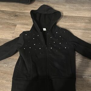 girls zip up fleece lined hooded sweatshirt with little rhinestone silver hearts
